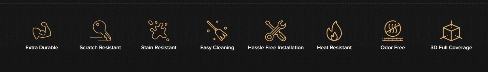 Extra Durable, Scratch Resistant, Stain Resistant, Easy Cleaning, Hassle Free Installation, Heat Resistant, Odor Free, 3D Full Coverage
