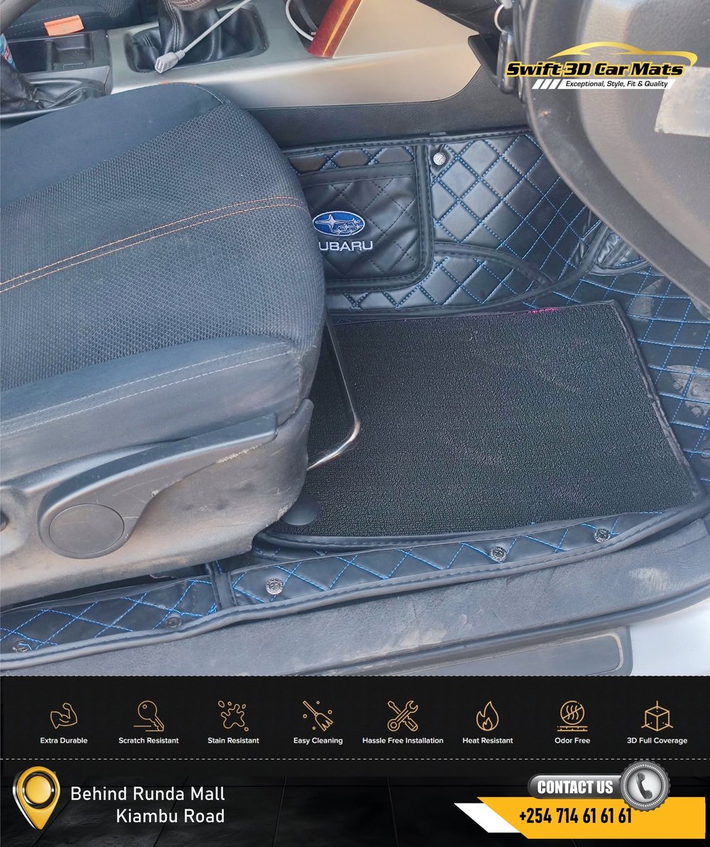 Front row 3D mat, black leather with blue diamond stitch, Subaru fit